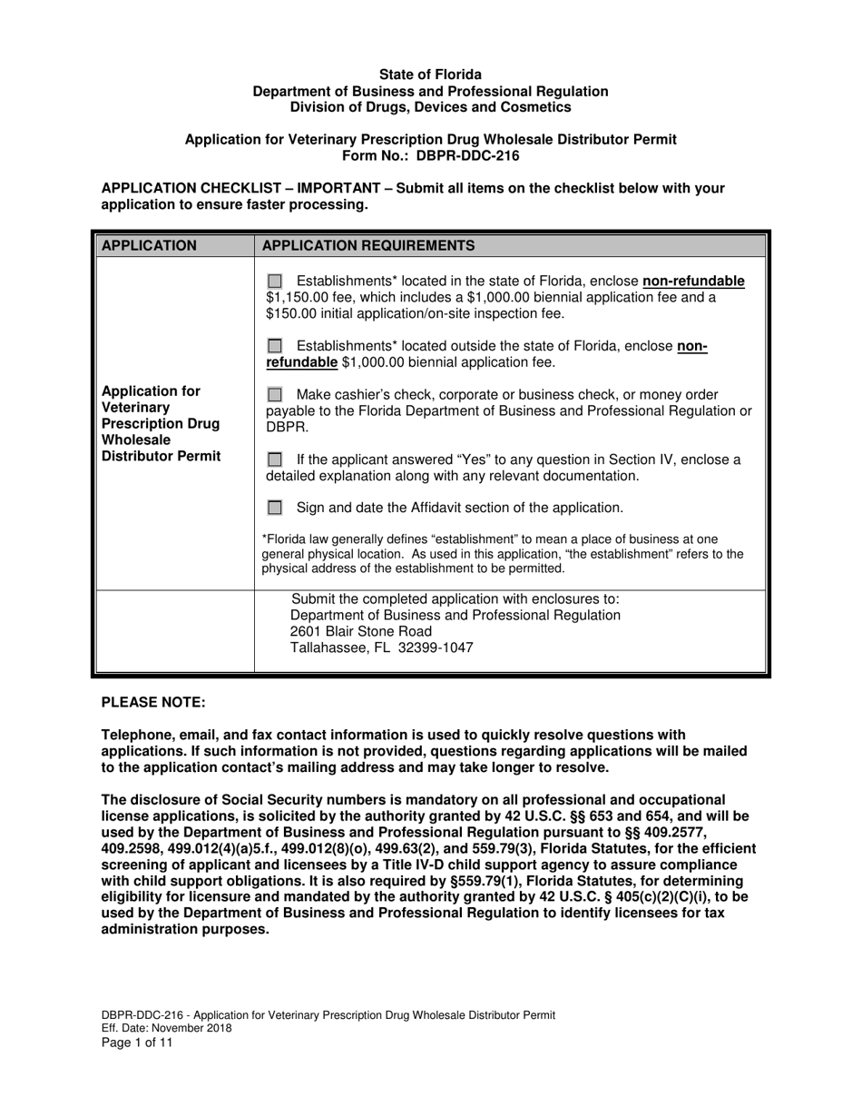 Form DBPR-DDC-216 Application for Veterinary Prescription Drug Wholesale Distributor Permit - Florida, Page 1