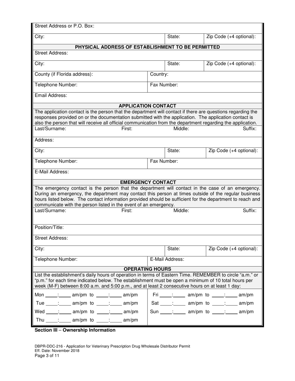 Form DBPR-DDC-216 Application for Veterinary Prescription Drug Wholesale Distributor Permit - Florida, Page 3