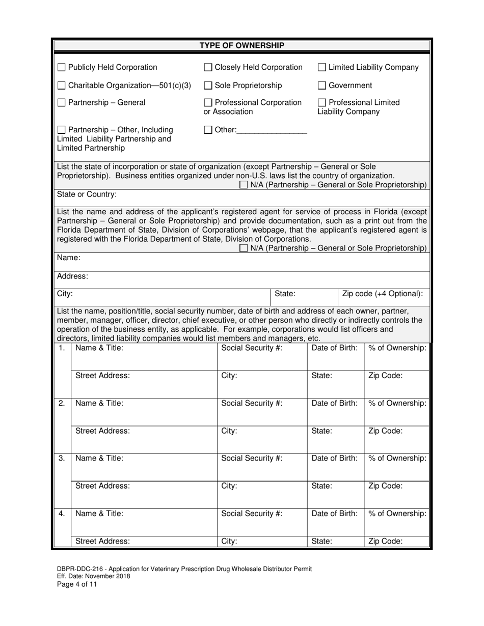 Form DBPR-DDC-216 Application for Veterinary Prescription Drug Wholesale Distributor Permit - Florida, Page 4