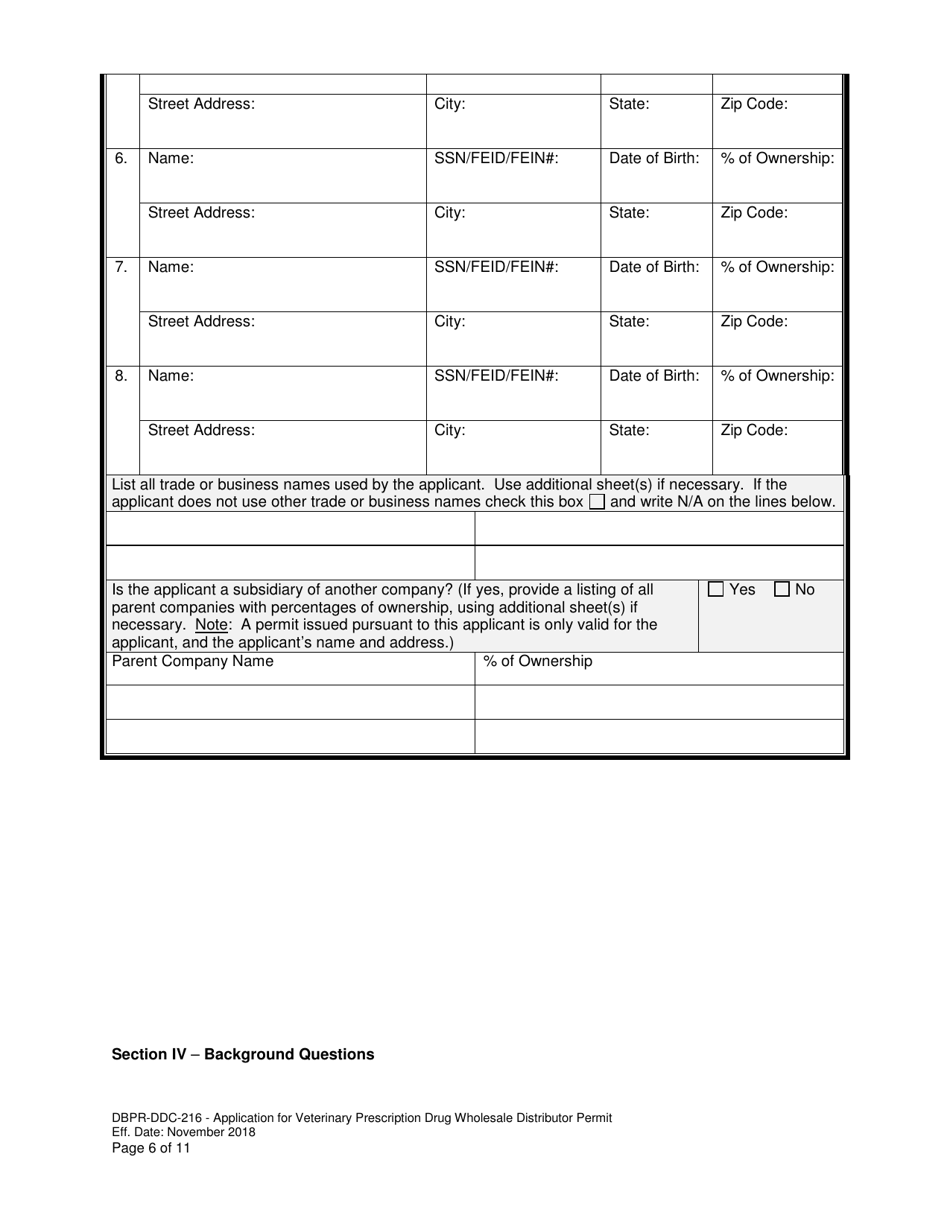 Form DBPR-DDC-216 Application for Veterinary Prescription Drug Wholesale Distributor Permit - Florida, Page 6