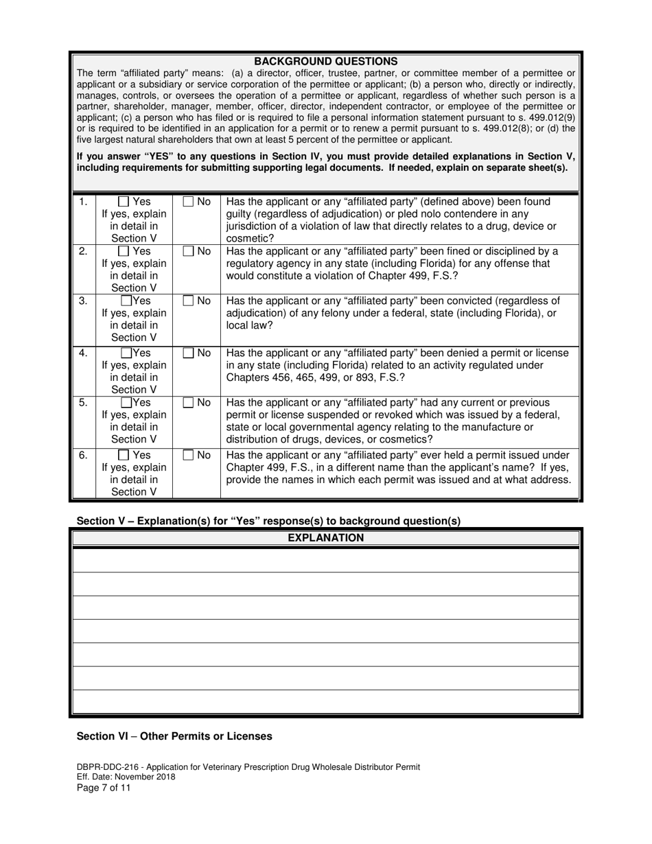 Form DBPR-DDC-216 Application for Veterinary Prescription Drug Wholesale Distributor Permit - Florida, Page 7