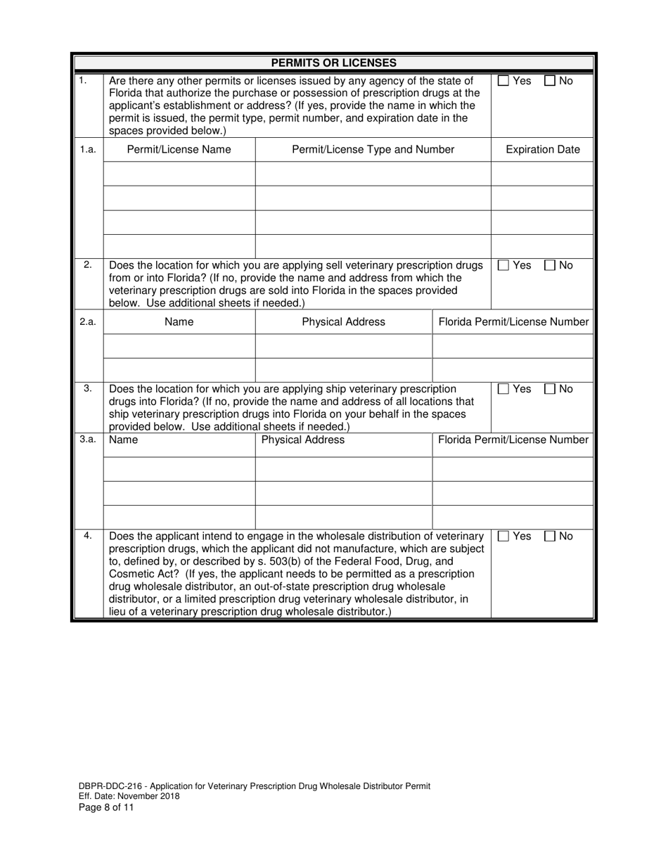 Form DBPR-DDC-216 Application for Veterinary Prescription Drug Wholesale Distributor Permit - Florida, Page 8