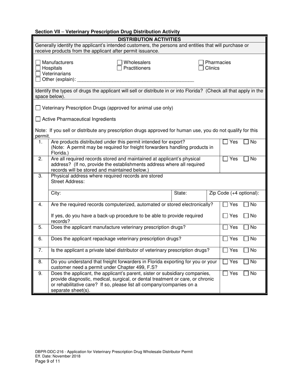 Form DBPR-DDC-216 Application for Veterinary Prescription Drug Wholesale Distributor Permit - Florida, Page 9