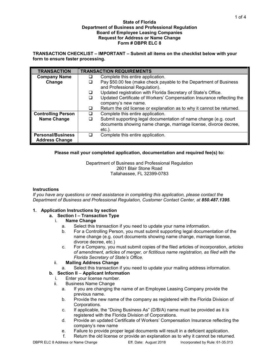 Form DBPR ELC8 Request for Address or Name Change - Florida, Page 1