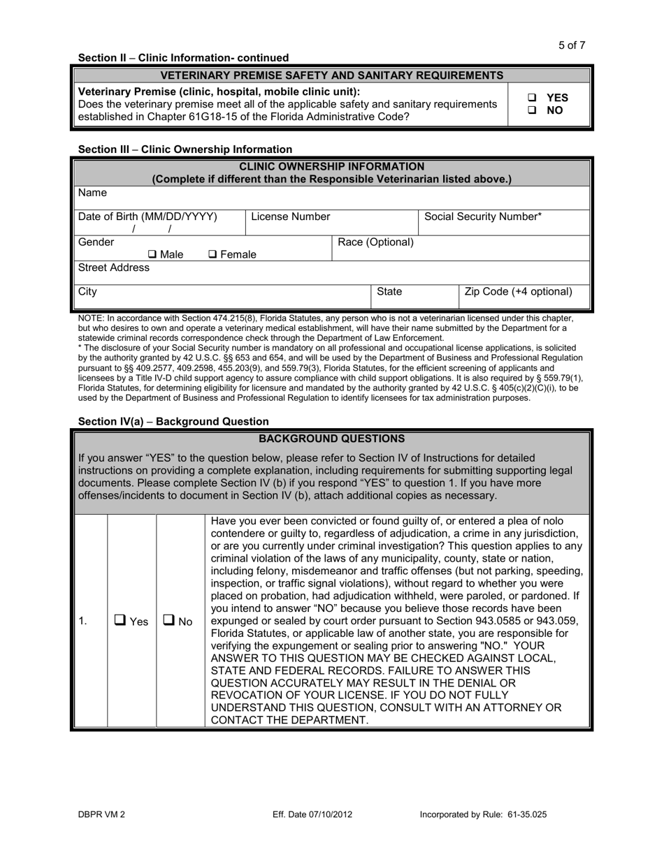 Form DBPR VM2 Application for Registration of a Veterinary Premise - Florida, Page 5