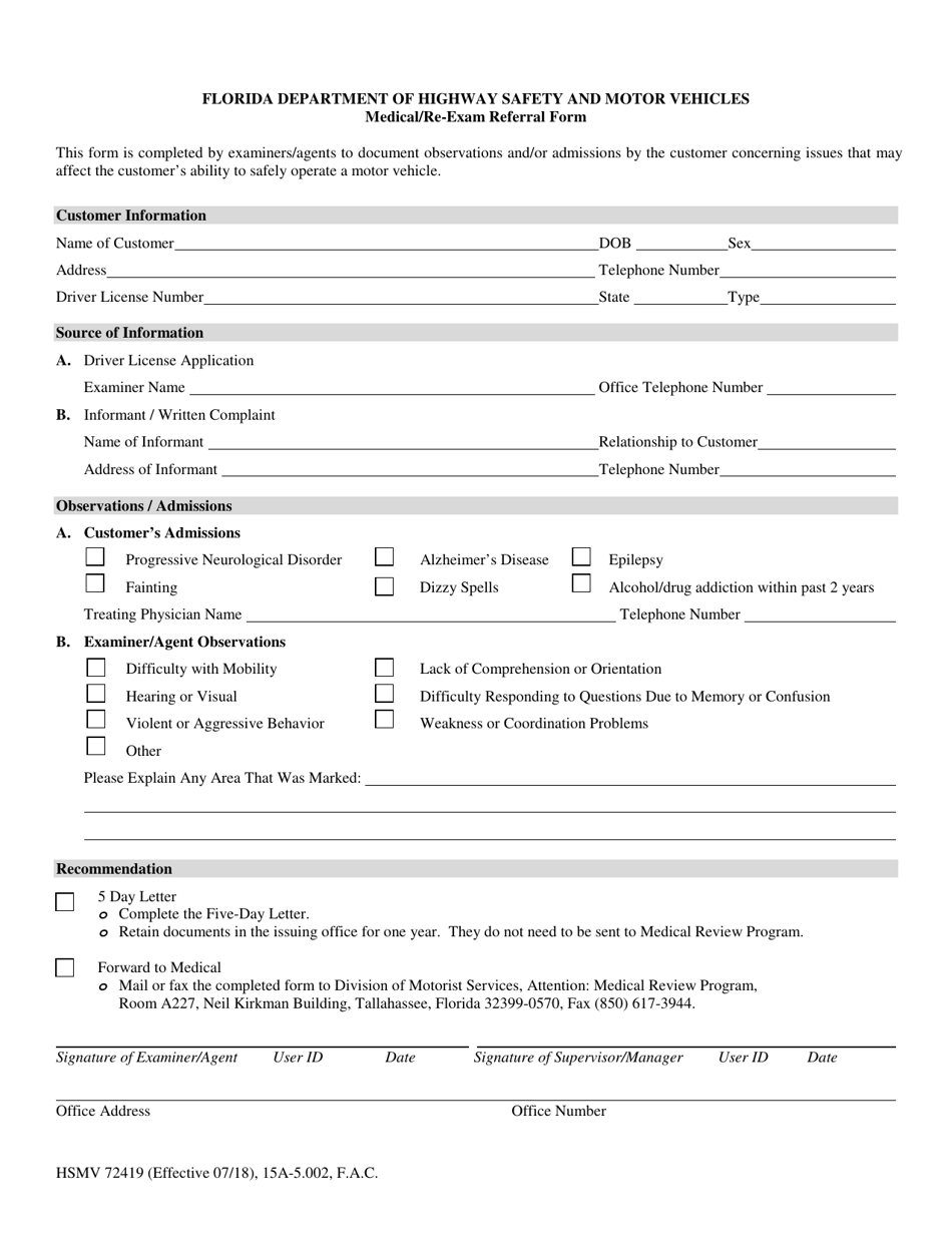 Form HSMV72419 Medical / Re-exam Referral Form - Florida, Page 1
