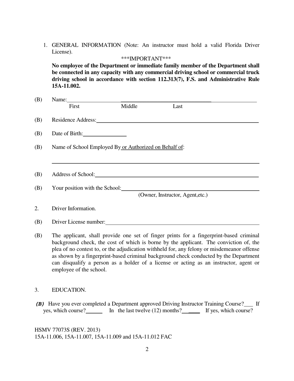 Form HSMV77073S Application for an Instructor or Agent Certificate for Commercial Driving School - Florida, Page 2