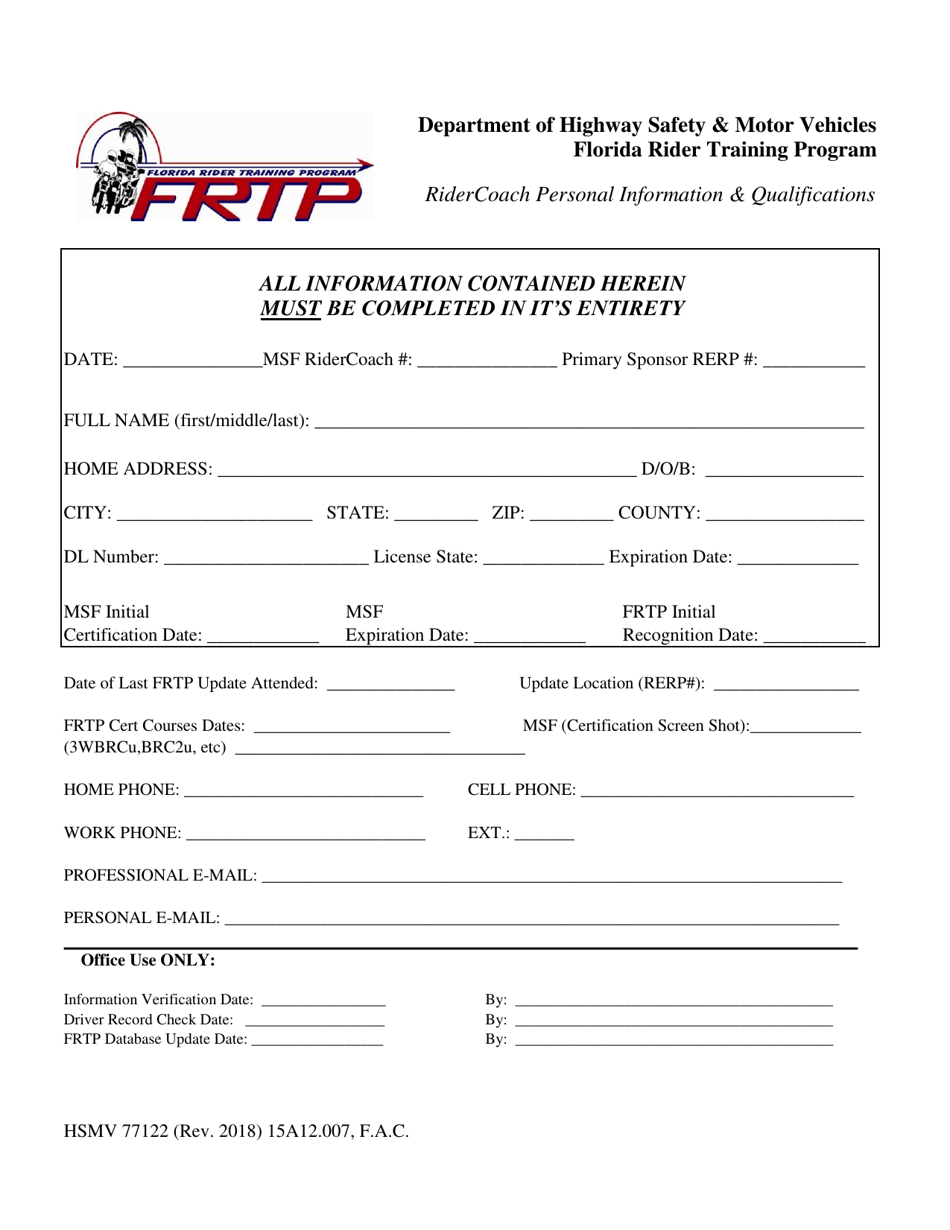 Form HSMV77122 Ridercoach Personal Information  Qualifications - Florida, Page 1