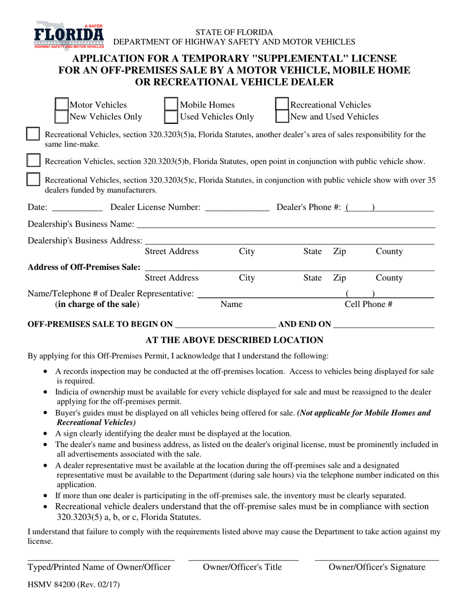 Form HSMV84200 Application for a Temporary supplemental Licensefor an off-Premises Sale by a Motor Vehicle, Mobile Home or Recreational Vehicle Dealer - Florida, Page 1