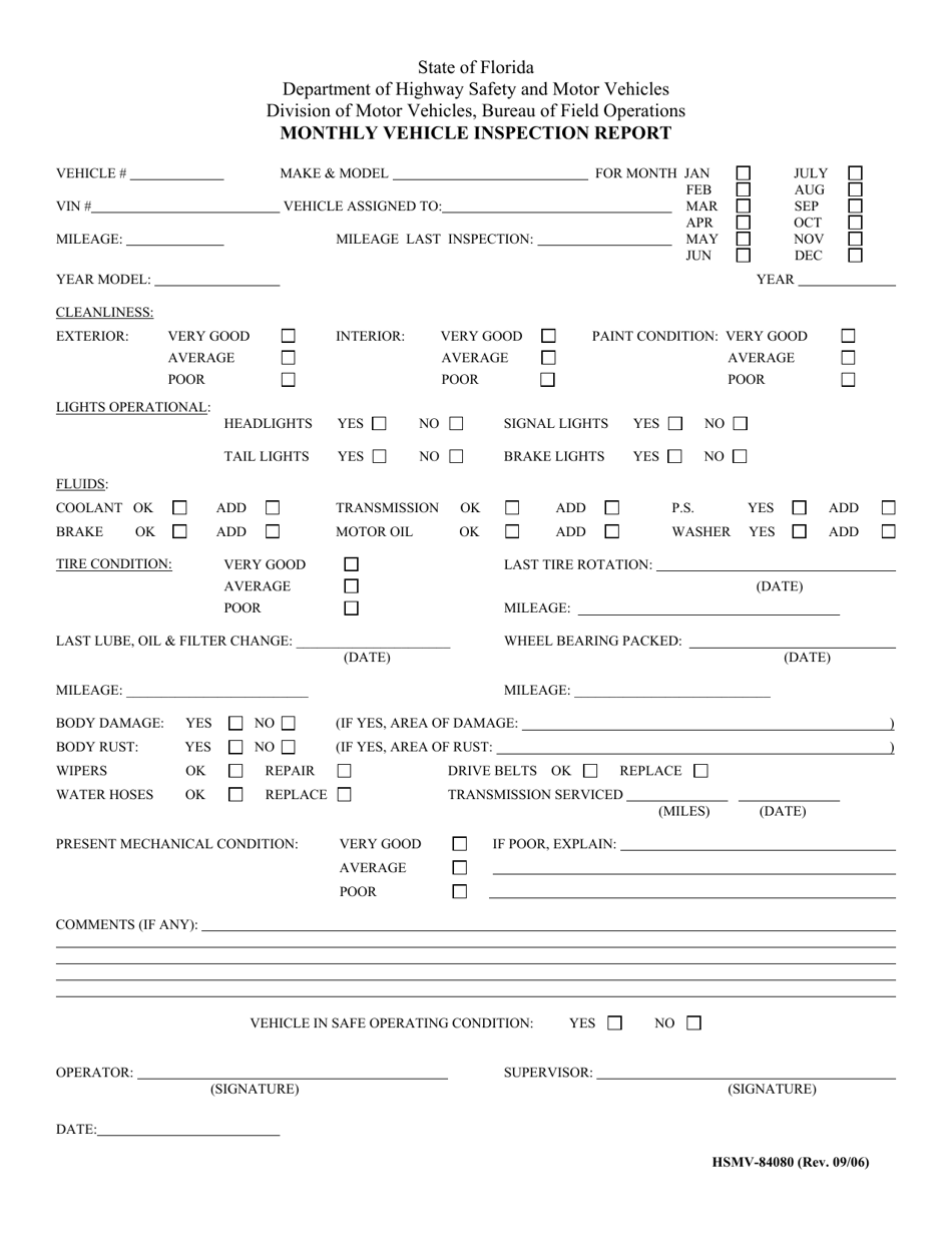 Form HSMV-84080 Monthly Vehicle Inspection Report - Florida, Page 1