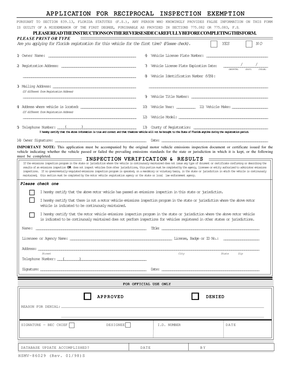 Form HSMV-86029 Application for Reciprocal Inspection Exemption - Florida, Page 1