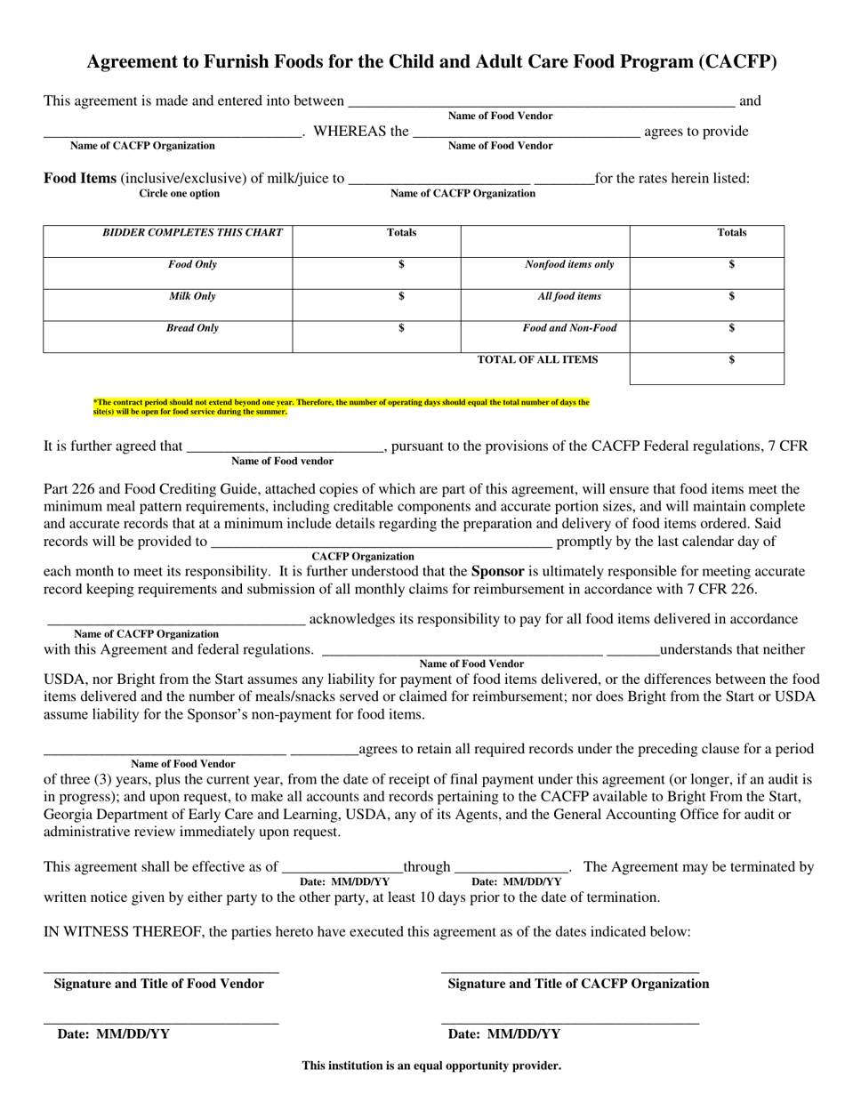 Agreement to Furnish Foods for the Child and Adult Care Food Program (CACFP) - Georgia (United States), Page 1