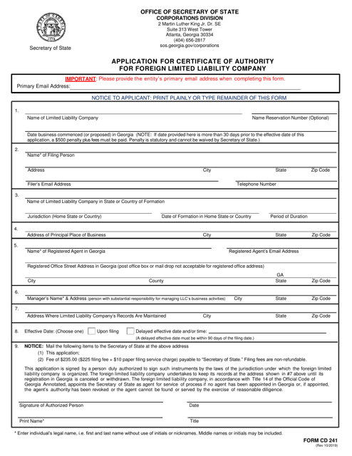 Form CD241 Application for Certificate of Authority for Foreign Limited Liability Company - Georgia (United States)