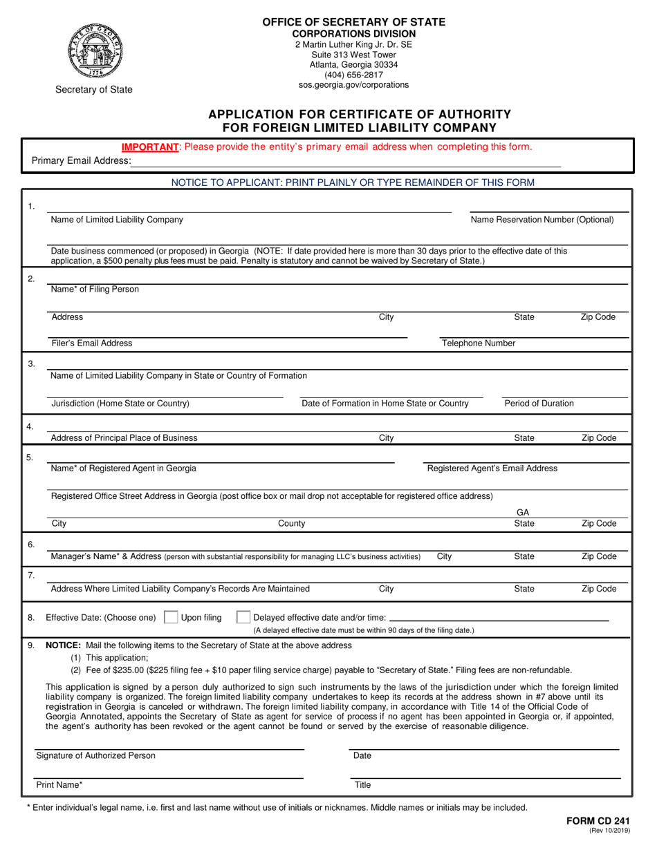 Form CD241 Application for Certificate of Authority for Foreign Limited Liability Company - Georgia (United States), Page 1