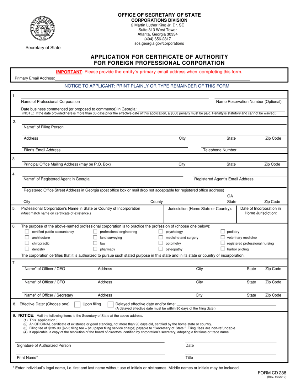 Form CD238 Application for Certificate of Authority for Foreign Professional Corporation - Georgia (United States), Page 1