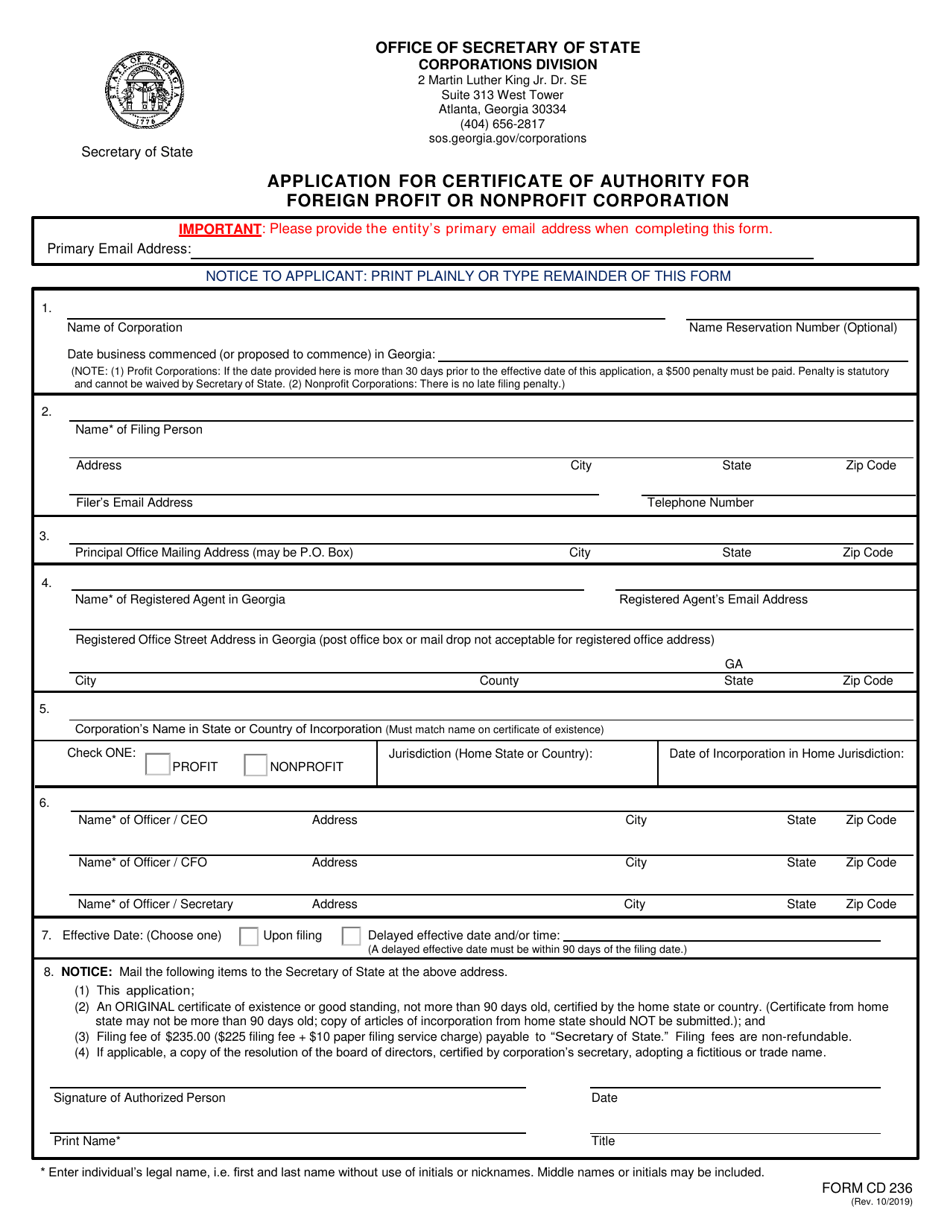 Form CD236 Application for Certificate of Authority for Foreign Profit or Nonprofit Corporation - Georgia (United States), Page 1