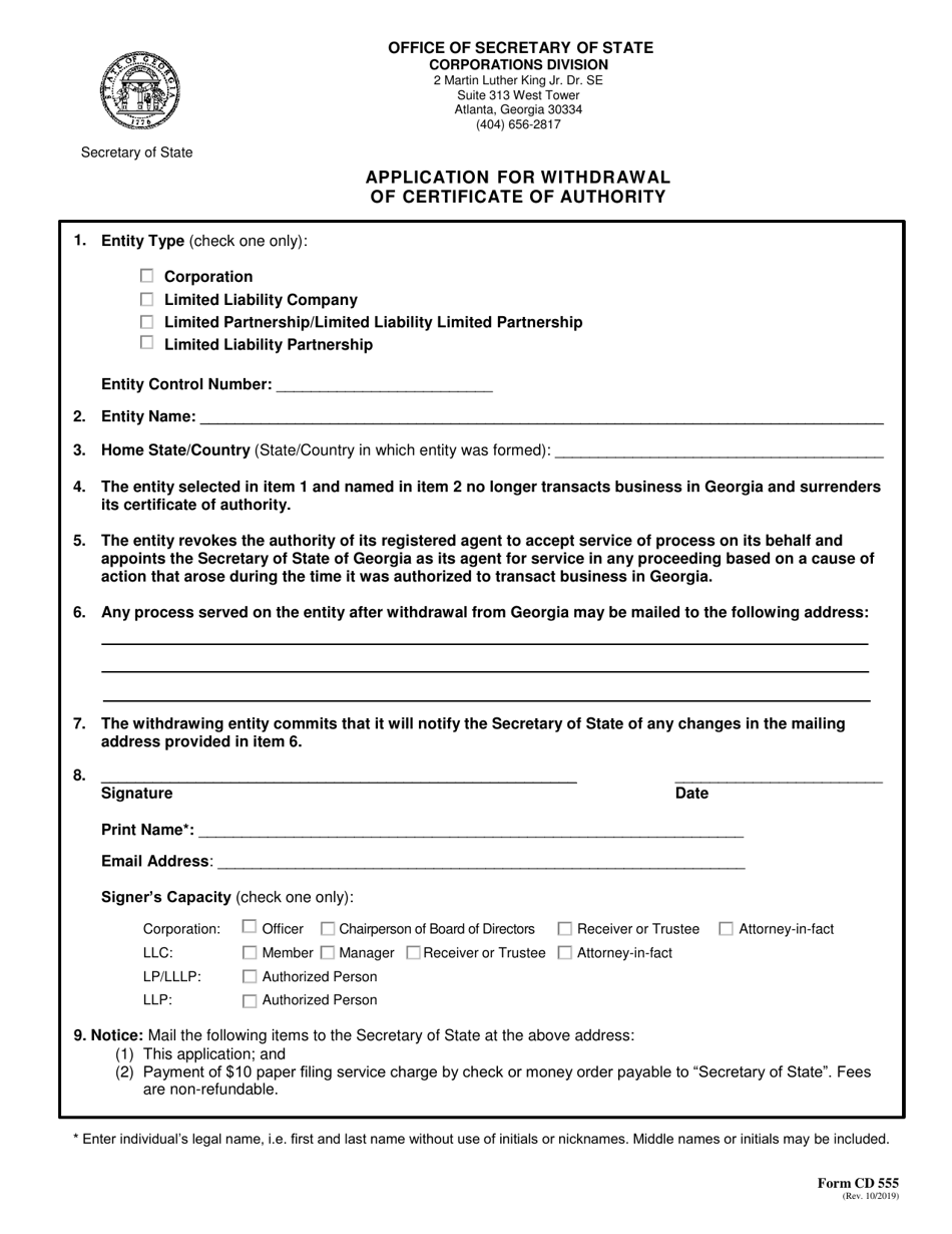 Form CD555 Application for Withdrawal of Certificate of Authority - Georgia (United States), Page 1