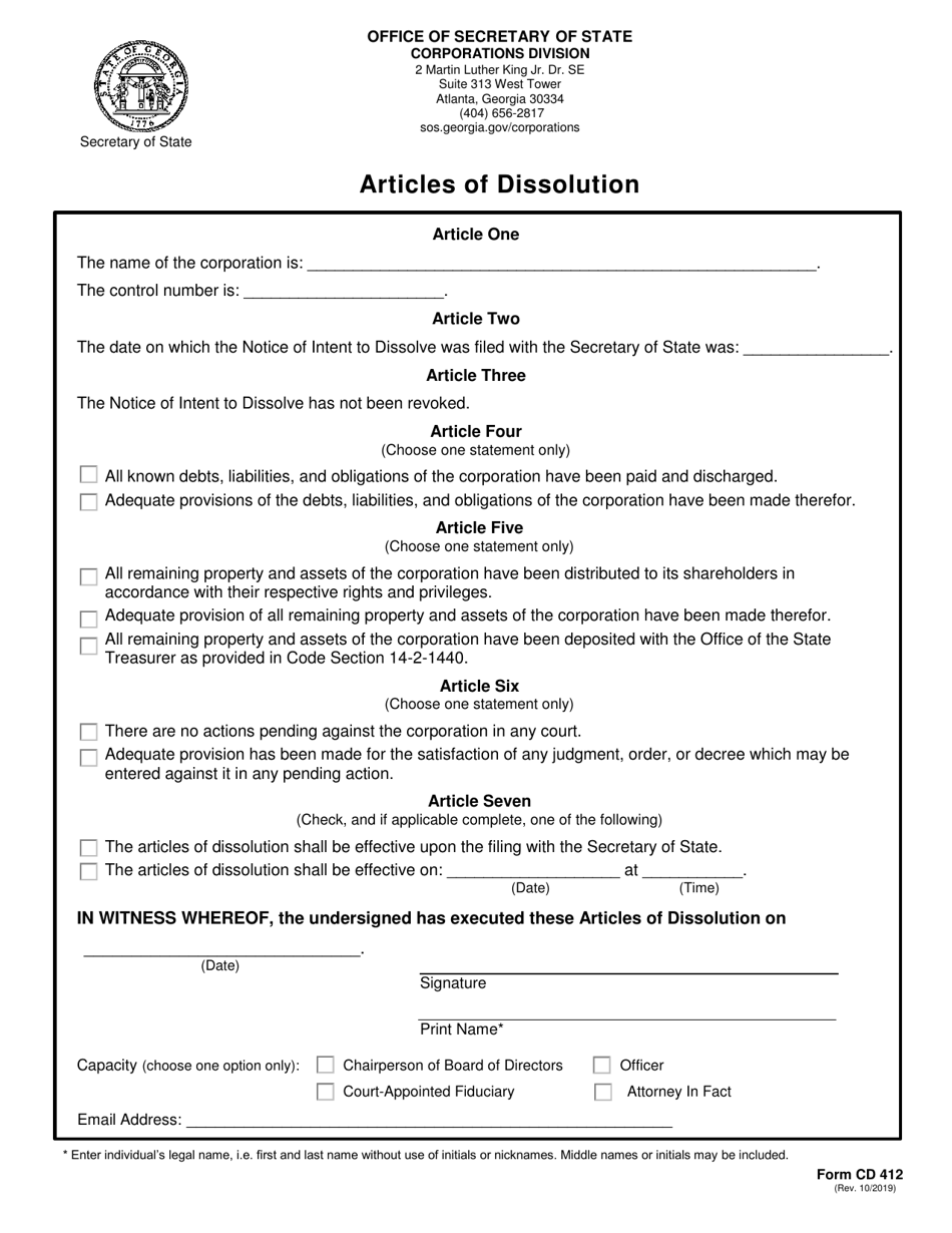 Form CD412 Articles of Dissolution - Georgia (United States), Page 2