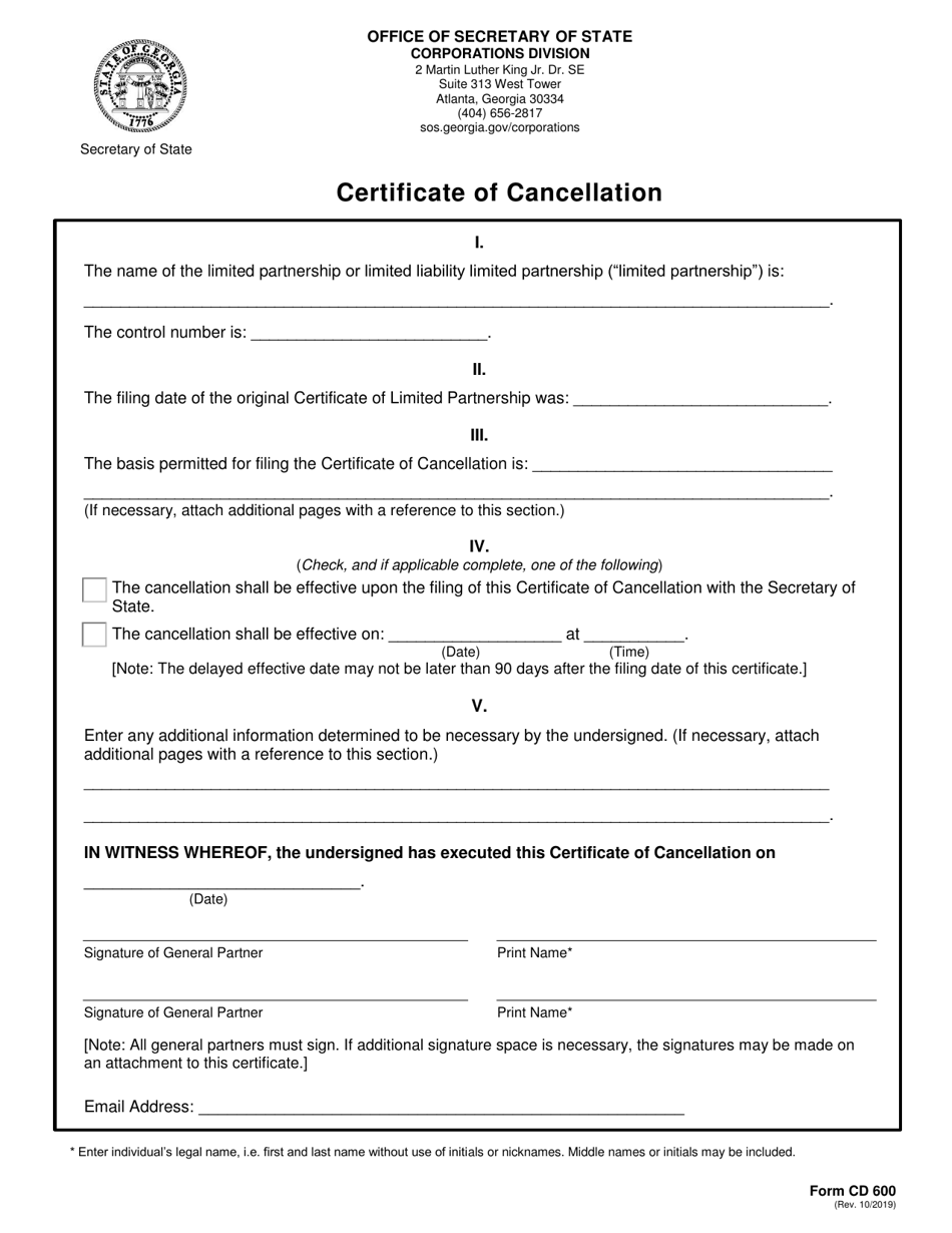 Form CD600 Certificate of Cancellation - Georgia (United States), Page 2