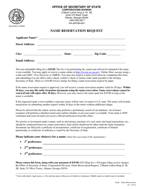 Name Reservation Request - Georgia (United States) Download Pdf