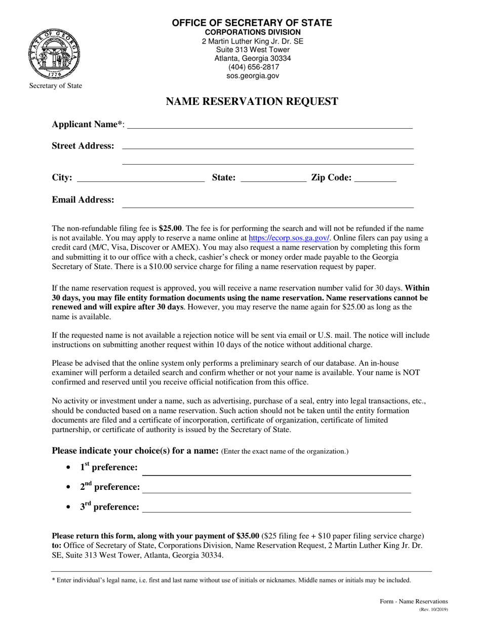 (United States) Name Reservation Request Fill Out, Sign