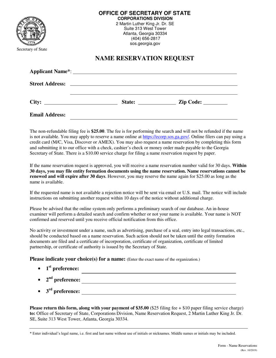 Name Reservation Request - Georgia (United States), Page 1