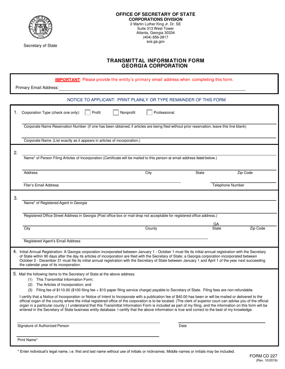 Form CD227 Transmittal Information Form - Georgia Corporation - Georgia (United States), Page 1