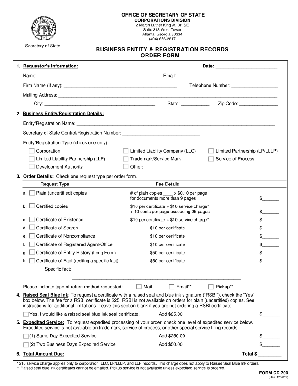 Form CD700 Business Entity  Registration Records Order Form - Georgia (United States), Page 1