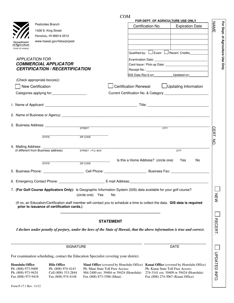 Form P-17.1 Application for Commercial Applicator Certification / Recertification - Hawaii, Page 1