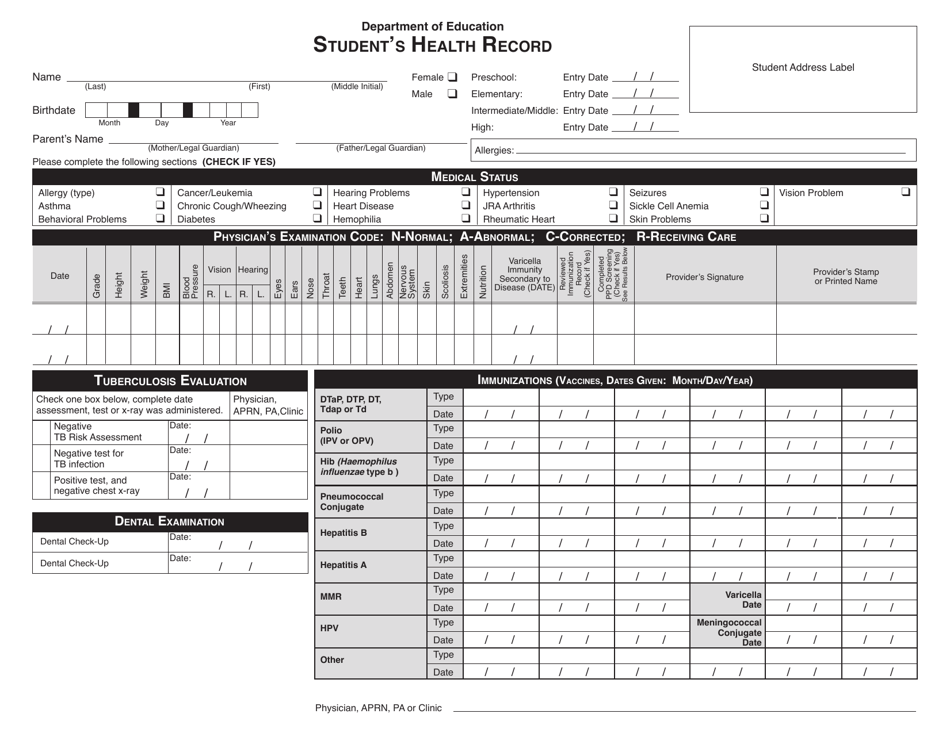 Form 14 Students Health Record - Hawaii, Page 1