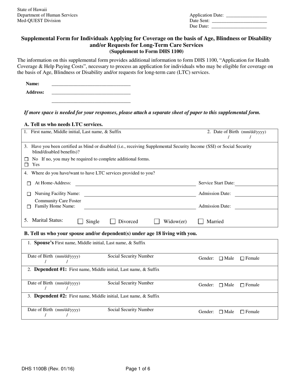 Form DHS1100B Supplemental Form for Individuals Applying for Coverage on the Basis of Age, Blindness or Disability and / or Requests for Long-Term Care Services - Hawaii, Page 1