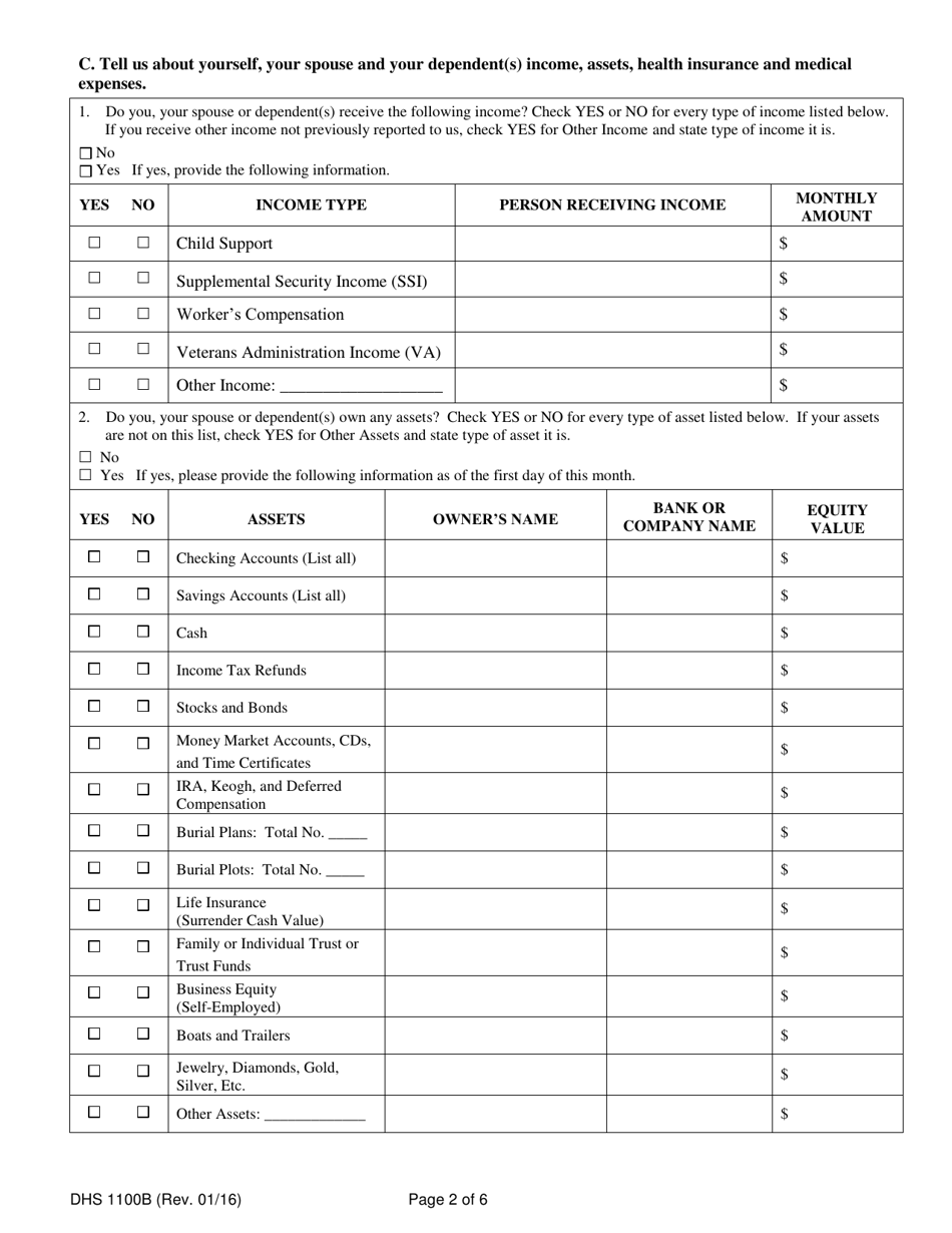 Form DHS1100B Supplemental Form for Individuals Applying for Coverage on the Basis of Age, Blindness or Disability and / or Requests for Long-Term Care Services - Hawaii, Page 2
