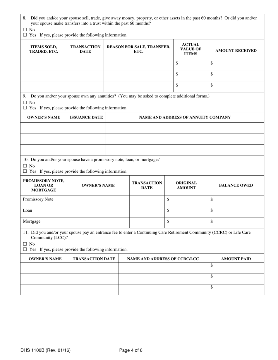 Form DHS1100B Supplemental Form for Individuals Applying for Coverage on the Basis of Age, Blindness or Disability and / or Requests for Long-Term Care Services - Hawaii, Page 4