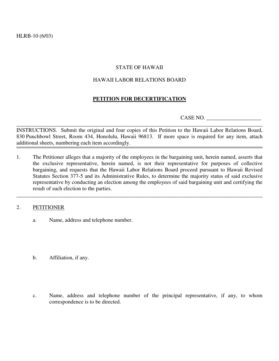 Form HLRB-10 Petition for Decertification - Hawaii, Page 1