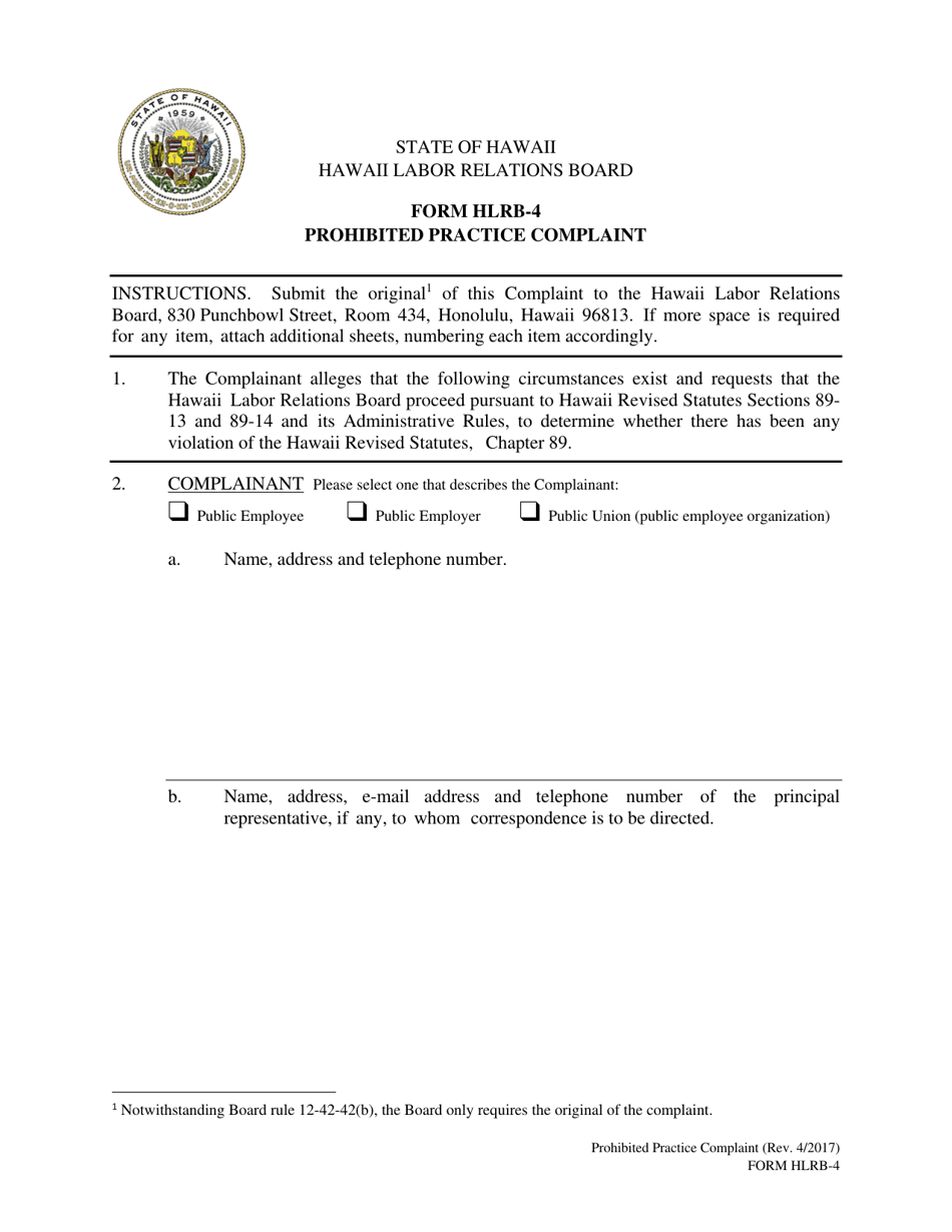 Form HLRB-4 Prohibited Practice Complaint - Hawaii, Page 1