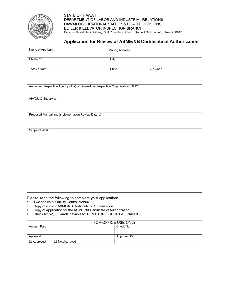 Application for Review of Asme / Nb Certificate of Authorization - Hawaii, Page 2