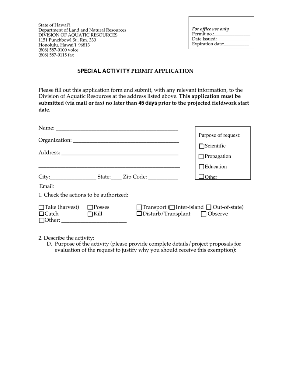 Special Activity Permit Application - Hawaii, Page 1