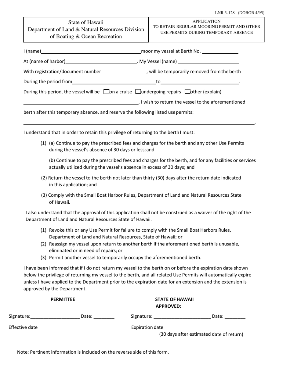 Form LNR3-128 Application to Retain Regular Mooring Permit and Other Use Permits During Temporary Absence - Hawaii, Page 1