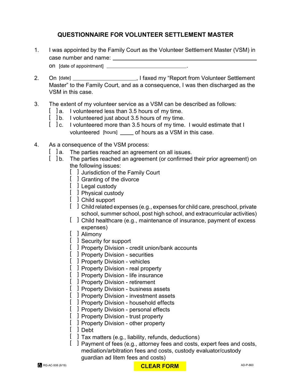 Form AD-P-860 Questionnaire for Volunteer Settlement Master - Hawaii, Page 1