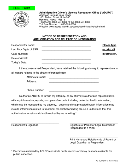 AD-DUI Form 42 Notice of Representation and Authorization for Release of Information - Hawaii