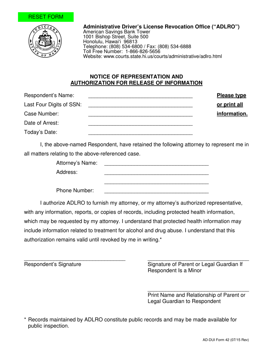 AD-DUI Form 42 Notice of Representation and Authorization for Release of Information - Hawaii, Page 1