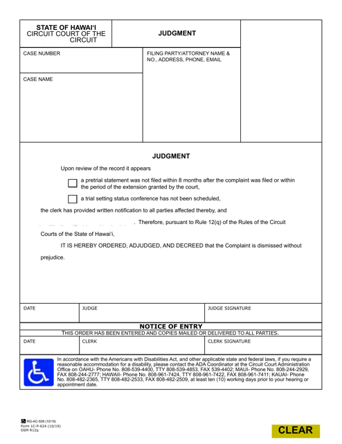 Form 1C-P-624 Dismissal - Rcch 12(Q) - Hawaii