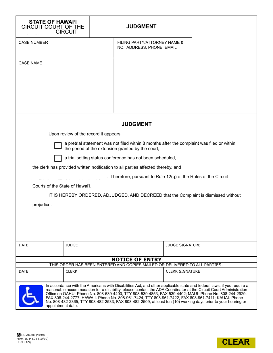 Form 1C-P-624 Dismissal - Rcch 12(Q) - Hawaii, Page 1