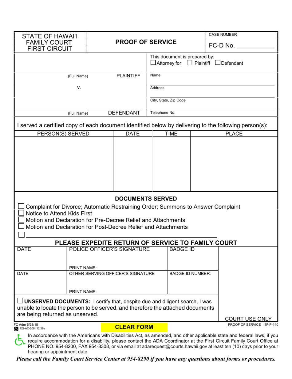 Form 1F-P-140 Proof of Service - Hawaii, Page 1