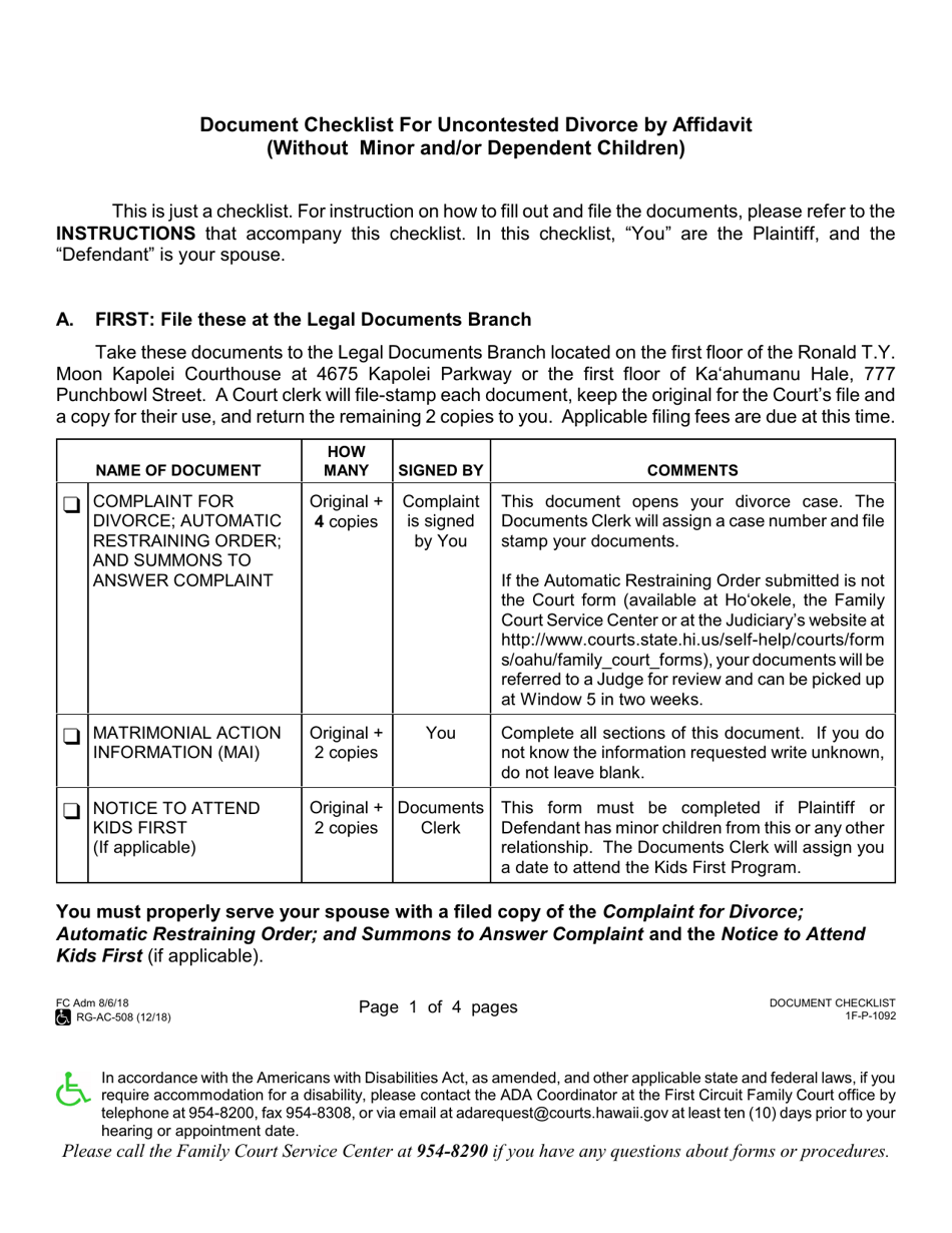 Form 1F-P-1092 Document Checklist for Uncontested Divorce by Affidavit (Without Minor and / or Dependent Children) - Hawaii, Page 1
