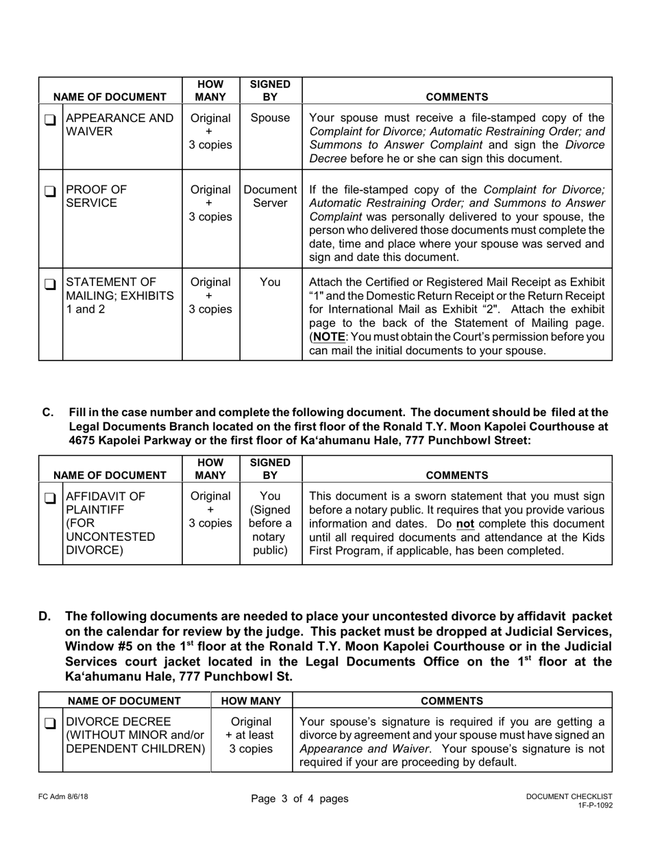 Form 1F-P-1092 Document Checklist for Uncontested Divorce by Affidavit (Without Minor and / or Dependent Children) - Hawaii, Page 3