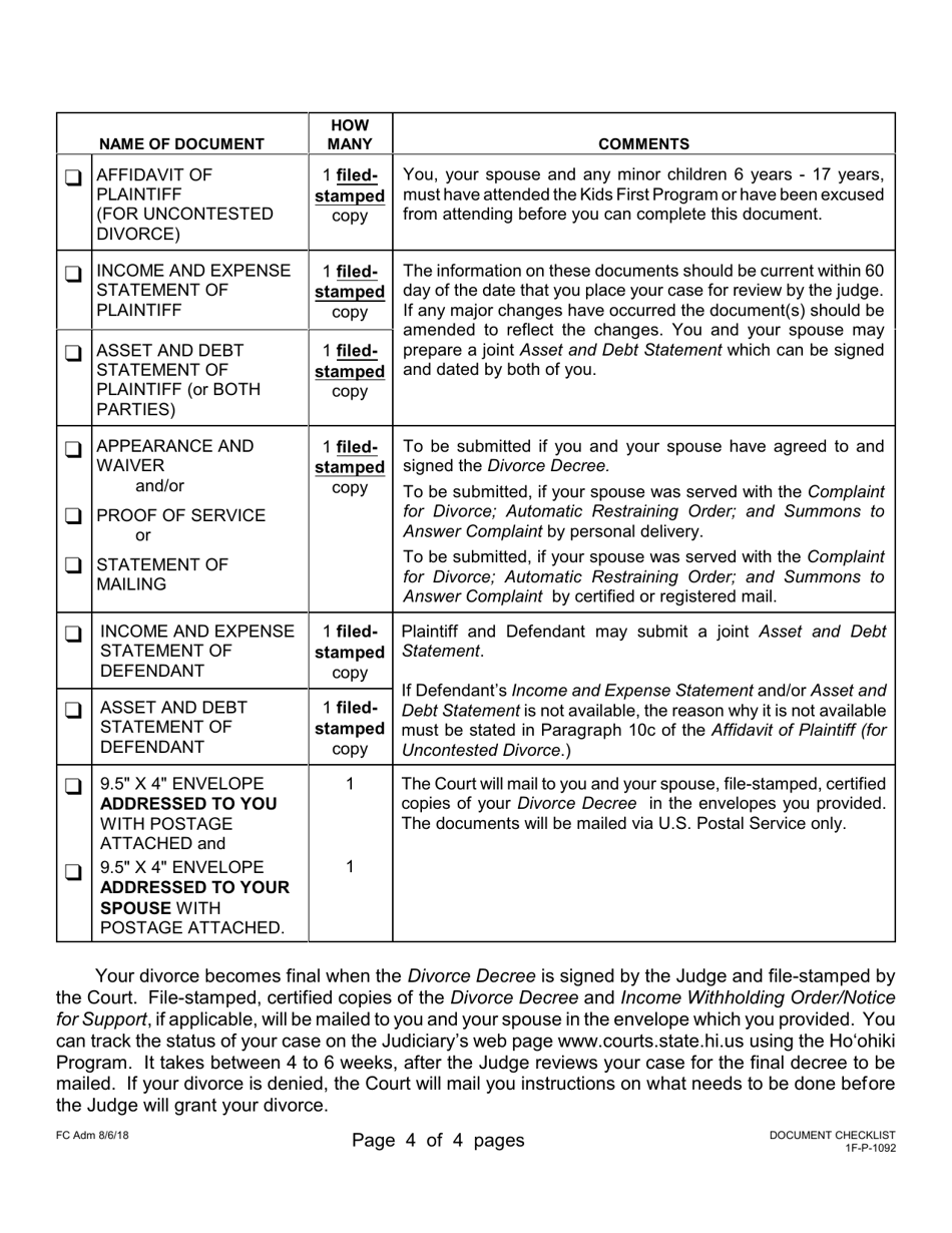 Form 1F-P-1092 Document Checklist for Uncontested Divorce by Affidavit (Without Minor and / or Dependent Children) - Hawaii, Page 4