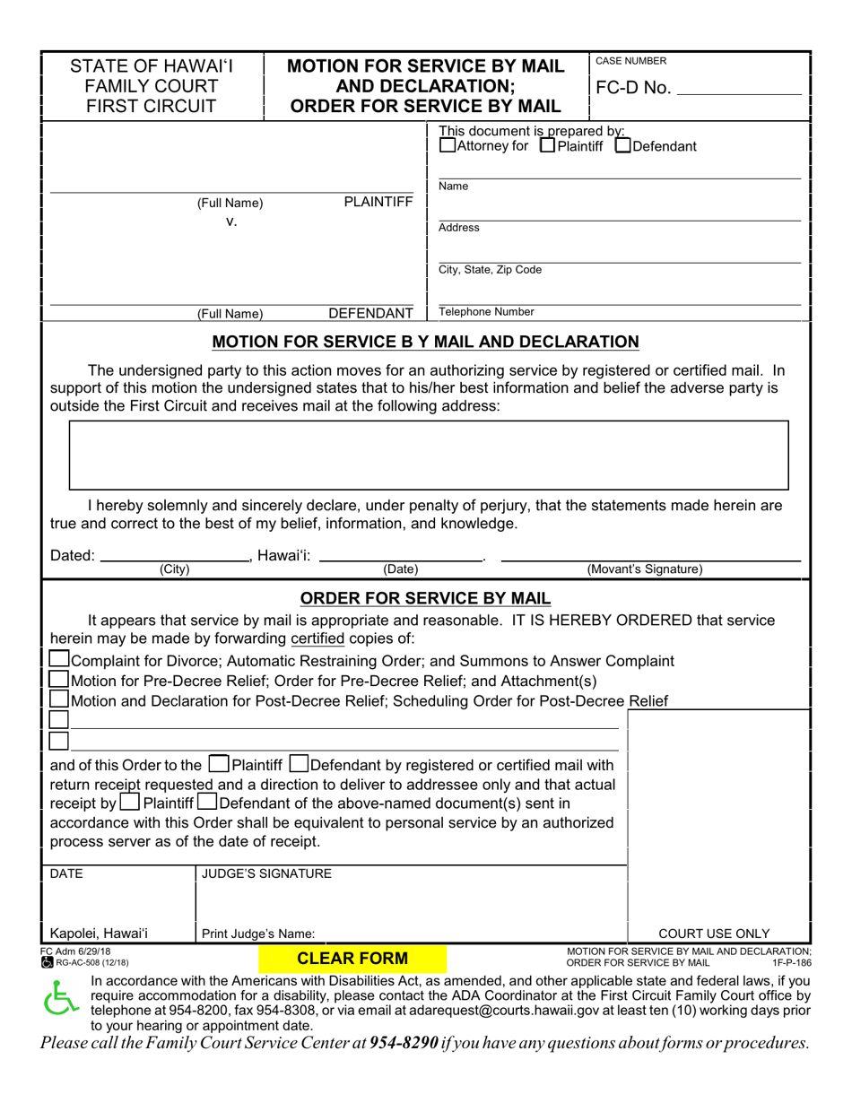 Form 1F-P-186 Motion for Service by Mail and Declaration; Order for Service by Mail - Hawaii, Page 1