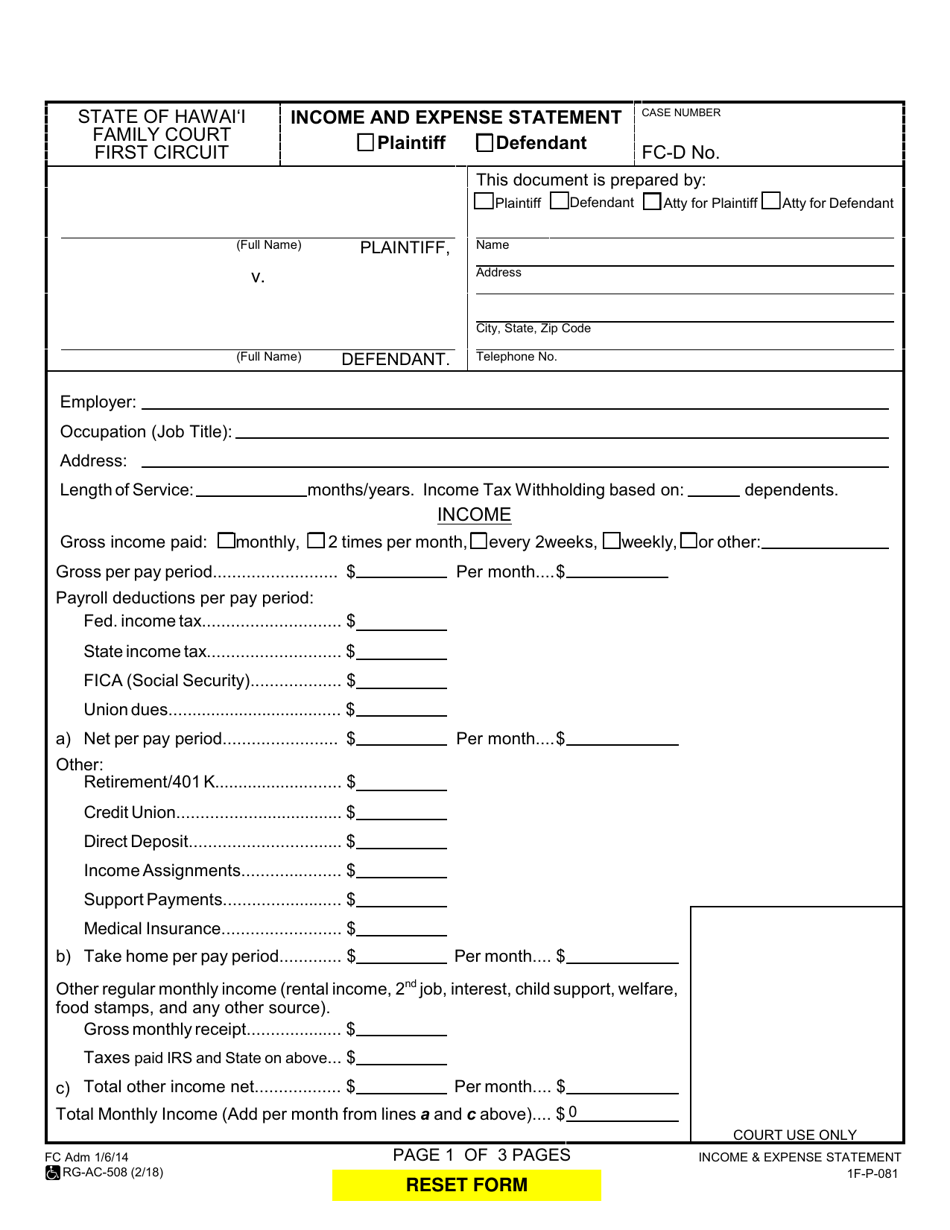 Form 1F-P-081 Income and Expense Statement - Hawaii, Page 1