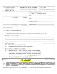 Form 1F-P-333 Affidavit of Plaintiff (For Uncontested Divorce) - Hawaii